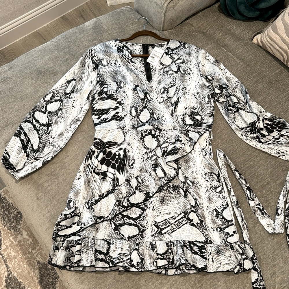 QUIZ Grey Snake Print Faux Wrap Belted Dress Sz 14